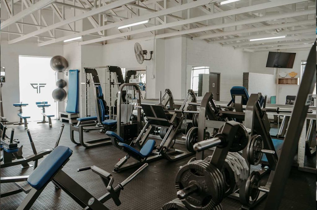 Resistance machines lined up on the gym floor